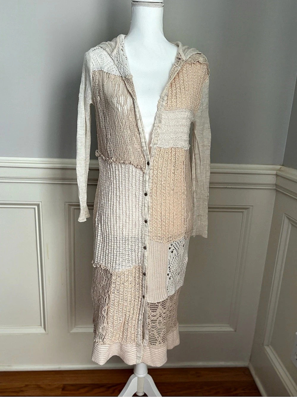 Free People “Magic Dragon” Long Patchwork Crochet Hooded Maxi Cardigan
